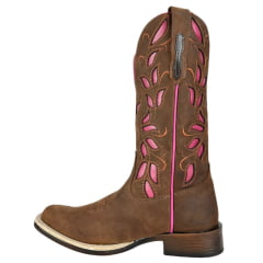 Bota Texana Feminina Goyazes Solado Power Waterproof Couro Nobuck Oil Café Com Bordado Rosa Pink Ref:253207-CHP-07