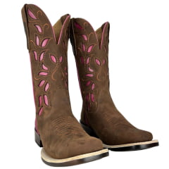 Bota Texana Feminina Goyazes Solado Power Waterproof Couro Nobuck Oil Café Com Bordado Rosa Pink Ref:253207-CHP-07