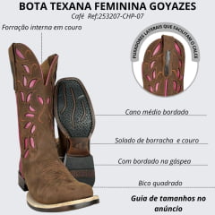 Bota Texana Feminina Goyazes Solado Power Waterproof Couro Nobuck Oil Café Com Bordado Rosa Pink Ref:253207-CHP-07