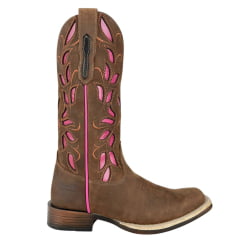 Bota Texana Feminina Goyazes Solado Power Waterproof Couro Nobuck Oil Café Com Bordado Rosa Pink Ref:253207-CHP-07