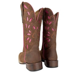 Bota Texana Feminina Goyazes Solado Power Waterproof Couro Nobuck Oil Café Com Bordado Rosa Pink Ref:253207-CHP-07