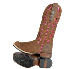 Bota Texana Feminina Goyazes Solado Power Waterproof Couro Nobuck Oil Café Com Bordado Rosa Pink Ref:253207-CHP-07