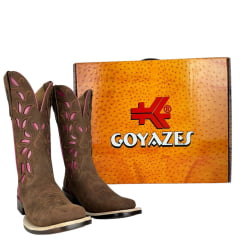 Bota Texana Feminina Goyazes Solado Power Waterproof Couro Nobuck Oil Café Com Bordado Rosa Pink Ref:253207-CHP-07