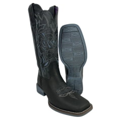 Bota Texana Feminina Jácomo Bico Quadrado Couro Cabeça Preto Com Bordado Branco E Azul Solado Cinza REF: 1301/UFG