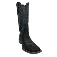 Bota Texana Feminina Jácomo Bico Quadrado Couro Cabeça Preto Com Bordado Branco E Azul Solado Cinza REF: 1301/UFG