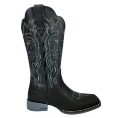 Bota Texana Feminina Jácomo Bico Quadrado Couro Cabeça Preto Com Bordado Branco E Azul Solado Cinza REF: 1301/UFG