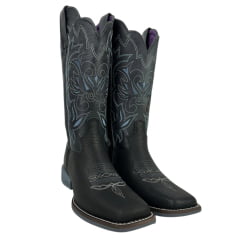 Bota Texana Feminina Jácomo Bico Quadrado Couro Cabeça Preto Com Bordado Branco E Azul Solado Cinza REF: 1301/UFG