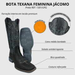 Bota Texana Feminina Jácomo Bico Quadrado Couro Cabeça Preto Com Bordado Branco E Azul Solado Cinza REF: 1301/UFG