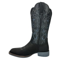 Bota Texana Feminina Jácomo Bico Quadrado Couro Cabeça Preto Com Bordado Branco E Azul Solado Cinza REF: 1301/UFG