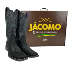 Bota Texana Feminina Jácomo Bico Quadrado Couro Cabeça Preto Com Bordado Branco E Azul Solado Cinza REF: 1301/UFG