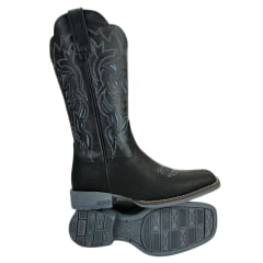 Bota Texana Feminina Jácomo Bico Quadrado Couro Cabeça Preto Com Bordado Branco E Azul Solado Cinza REF: 1301/UFG