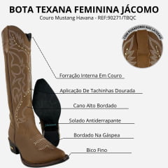 Bota Texana Feminina Jácomo Bico Fino Cano Alto Zíper Couro Mustang Havana Bordado Tachinhas REF90271/TBQC