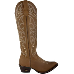 Bota Texana Feminina Jácomo Bico Fino Cano Alto Zíper Couro Mustang Havana Bordado Tachinhas REF90271/TBQC