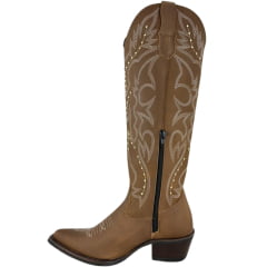 Bota Texana Feminina Jácomo Bico Fino Cano Alto Zíper Couro Mustang Havana Bordado Tachinhas REF90271/TBQC