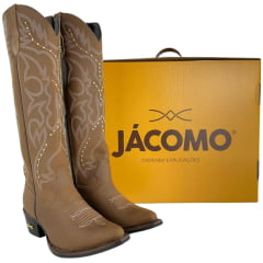Bota Texana Feminina Jácomo Bico Fino Cano Alto Zíper Couro Mustang Havana Bordado Tachinhas REF90271/TBQC