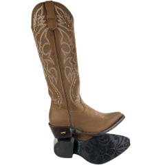 Bota Texana Feminina Jácomo Bico Fino Cano Alto Zíper Couro Mustang Havana Bordado Tachinhas REF90271/TBQC