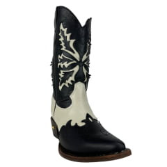 Bota Texana Feminina Jácomo Bico Fino Cano Médio Couro Fóssil Oil Preto Napa Marfim Ref:90121/TCO
