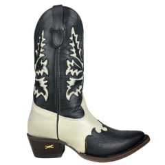 Bota Texana Feminina Jácomo Bico Fino Cano Médio Couro Fóssil Oil Preto Napa Marfim Ref:90121/TCO