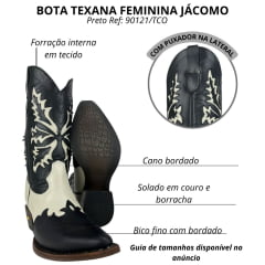 Bota Texana Feminina Jácomo Bico Fino Cano Médio Couro Fóssil Oil Preto Napa Marfim Ref:90121/TCO