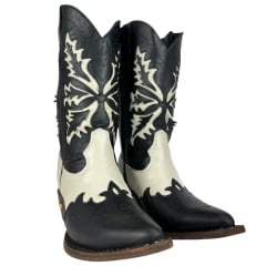 Bota Texana Feminina Jácomo Bico Fino Cano Médio Couro Fóssil Oil Preto Napa Marfim Ref:90121/TCO