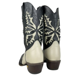 Bota Texana Feminina Jácomo Bico Fino Cano Médio Couro Fóssil Oil Preto Napa Marfim Ref:90121/TCO