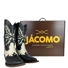 Bota Texana Feminina Jácomo Bico Fino Cano Médio Couro Fóssil Oil Preto Napa Marfim Ref:90121/TCO