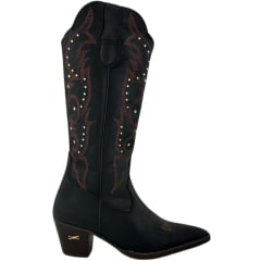 Bota Texana Feminina Jácomo Bico Fino Cano Médio Zíper Couro Fóssil Oil Preto Tachinhas REF80021/TRF