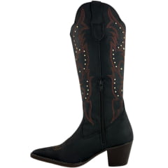 Bota Texana Feminina Jácomo Bico Fino Cano Médio Zíper Couro Fóssil Oil Preto Tachinhas REF80021/TRF