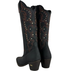 Bota Texana Feminina Jácomo Bico Fino Cano Médio Zíper Couro Fóssil Oil Preto Tachinhas REF80021/TRF