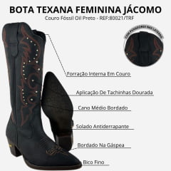 Bota Texana Feminina Jácomo Bico Fino Cano Médio Zíper Couro Fóssil Oil Preto Tachinhas REF80021/TRF