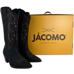 Bota Texana Feminina Jácomo Bico Fino Cano Médio Zíper Couro Fóssil Oil Preto Tachinhas REF80021/TRF