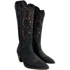 Bota Texana Feminina Jácomo Bico Fino Cano Médio Zíper Couro Fóssil Oil Preto Tachinhas REF80021/TRF