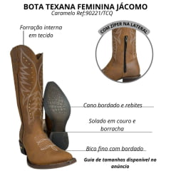 Bota Texana Feminina Jácomo Bico Fino Couro Crazy Amendoa Cano Alto Bordado Cru E Tachinhas Douradas Ref:90221/TCQ
