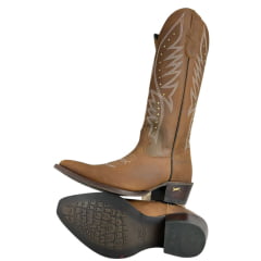 Bota Texana Feminina Jácomo Bico Fino Couro Crazy Amendoa Cano Alto Bordado Cru E Tachinhas Douradas Ref:90221/TCQ