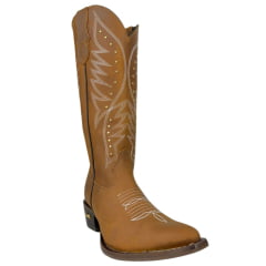 Bota Texana Feminina Jácomo Bico Fino Couro Crazy Amendoa Cano Alto Bordado Cru E Tachinhas Douradas Ref:90221/TCQ