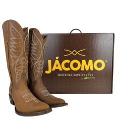 Bota Texana Feminina Jácomo Bico Fino Couro Crazy Amendoa Cano Alto Bordado Cru E Tachinhas Douradas Ref:90221/TCQ