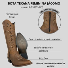 Bota Texana Feminina Jácomo Bico Fino Couro Mustanng Havana Cano Bordado Flores Com Brilho Salto Madeira Ref:90201/TCQ