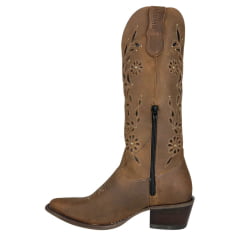 Bota Texana Feminina Jácomo Bico Fino Couro Mustanng Havana Cano Bordado Flores Com Brilho Salto Madeira Ref:90201/TCQ