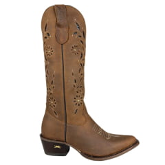 Bota Texana Feminina Jácomo Bico Fino Couro Mustanng Havana Cano Bordado Flores Com Brilho Salto Madeira Ref:90201/TCQ