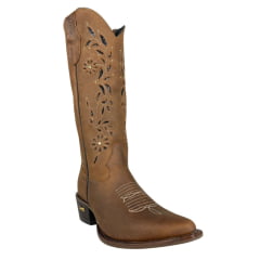 Bota Texana Feminina Jácomo Bico Fino Couro Mustanng Havana Cano Bordado Flores Com Brilho Salto Madeira Ref:90201/TCQ