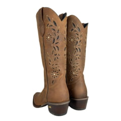 Bota Texana Feminina Jácomo Bico Fino Couro Mustanng Havana Cano Bordado Flores Com Brilho Salto Madeira Ref:90201/TCQ