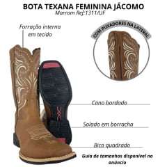 Bota Texana Feminina Jácomo Bico Quadrado Couro Crazy Amendoa Cano Bordado Branco Sola Preta Ref:1311/UF