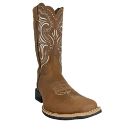 Bota Texana Feminina Jácomo Bico Quadrado Couro Crazy Amendoa Cano Bordado Branco Sola Preta Ref:1311/UF