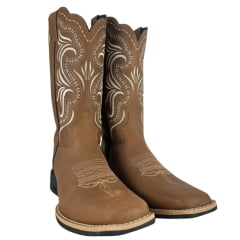 Bota Texana Feminina Jácomo Bico Quadrado Couro Crazy Amendoa Cano Bordado Branco Sola Preta Ref:1311/UF