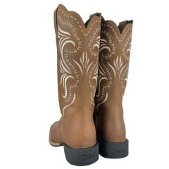 Bota Texana Feminina Jácomo Bico Quadrado Couro Crazy Amendoa Cano Bordado Branco Sola Preta Ref:1311/UF