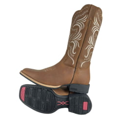 Bota Texana Feminina Jácomo Bico Quadrado Couro Crazy Amendoa Cano Bordado Branco Sola Preta Ref:1311/UF