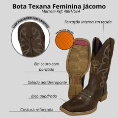 Bota Texana Feminina Jácomo Bico Quadrado Couro Crazy Amêndoa Com Bordado Amarelo E Branco Ref:4861/UFA