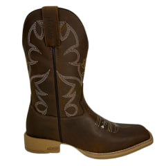 Bota Texana Feminina Jácomo Bico Quadrado Couro Crazy Amêndoa Com Bordado Amarelo E Branco Ref:4861/UFA