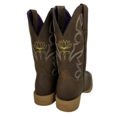 Bota Texana Feminina Jácomo Bico Quadrado Couro Crazy Amêndoa Com Bordado Amarelo E Branco Ref:4861/UFA