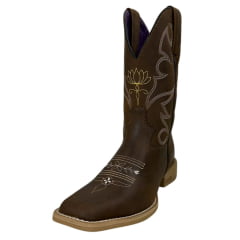 Bota Texana Feminina Jácomo Bico Quadrado Couro Crazy Amêndoa Com Bordado Amarelo E Branco Ref:4861/UFA